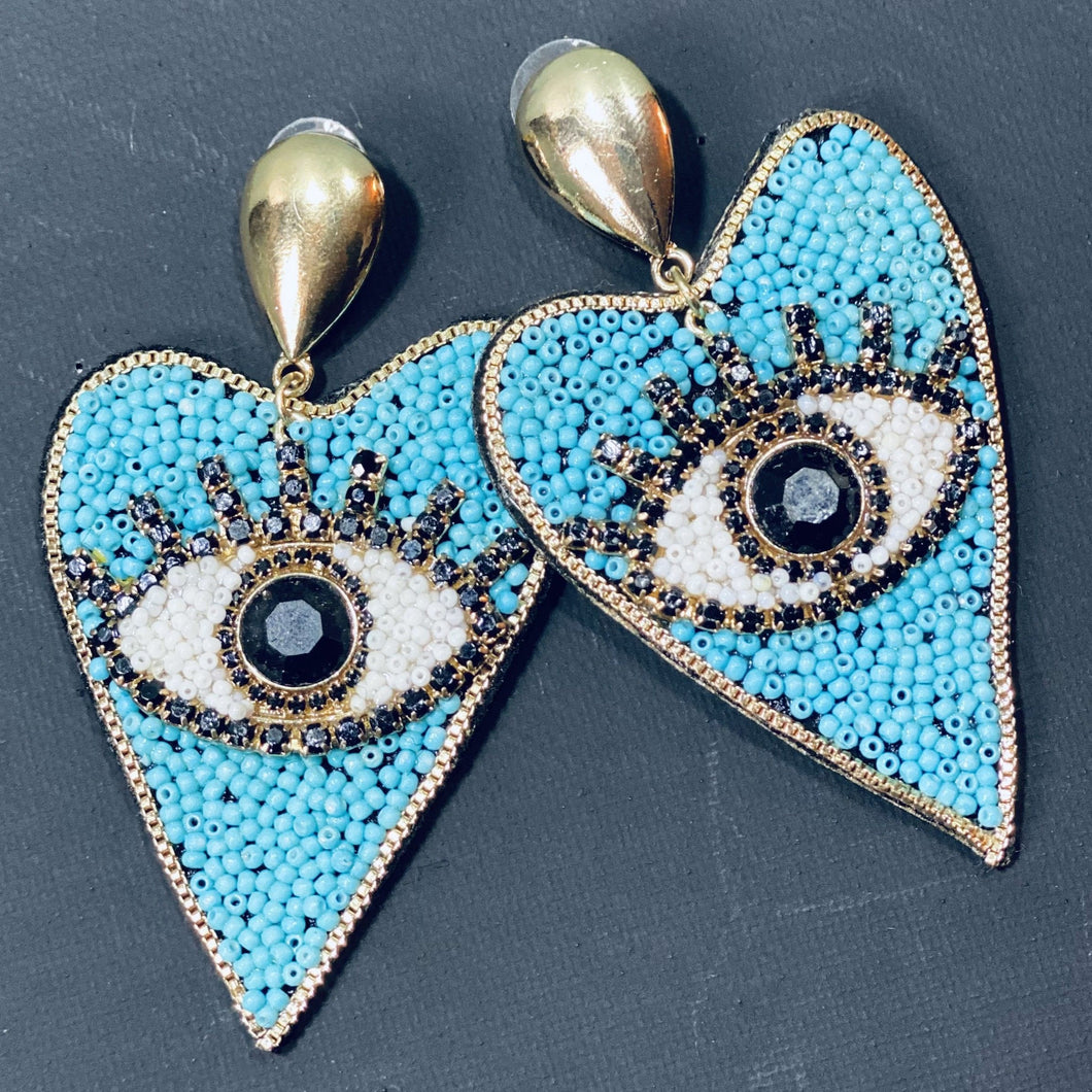 Heart-shaped Evil Eye Earrings with Beads