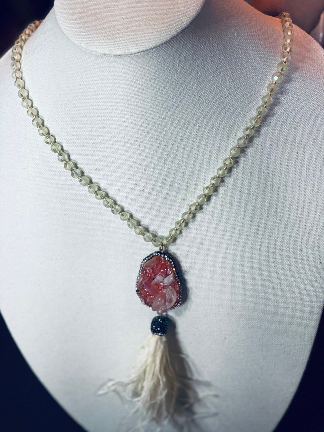 Beaded Crystal Pendant with Feathers