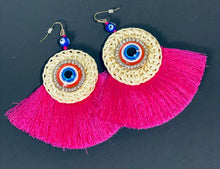 Load image into Gallery viewer, Boho Weaved Evil Eye Earrings with Fringe
