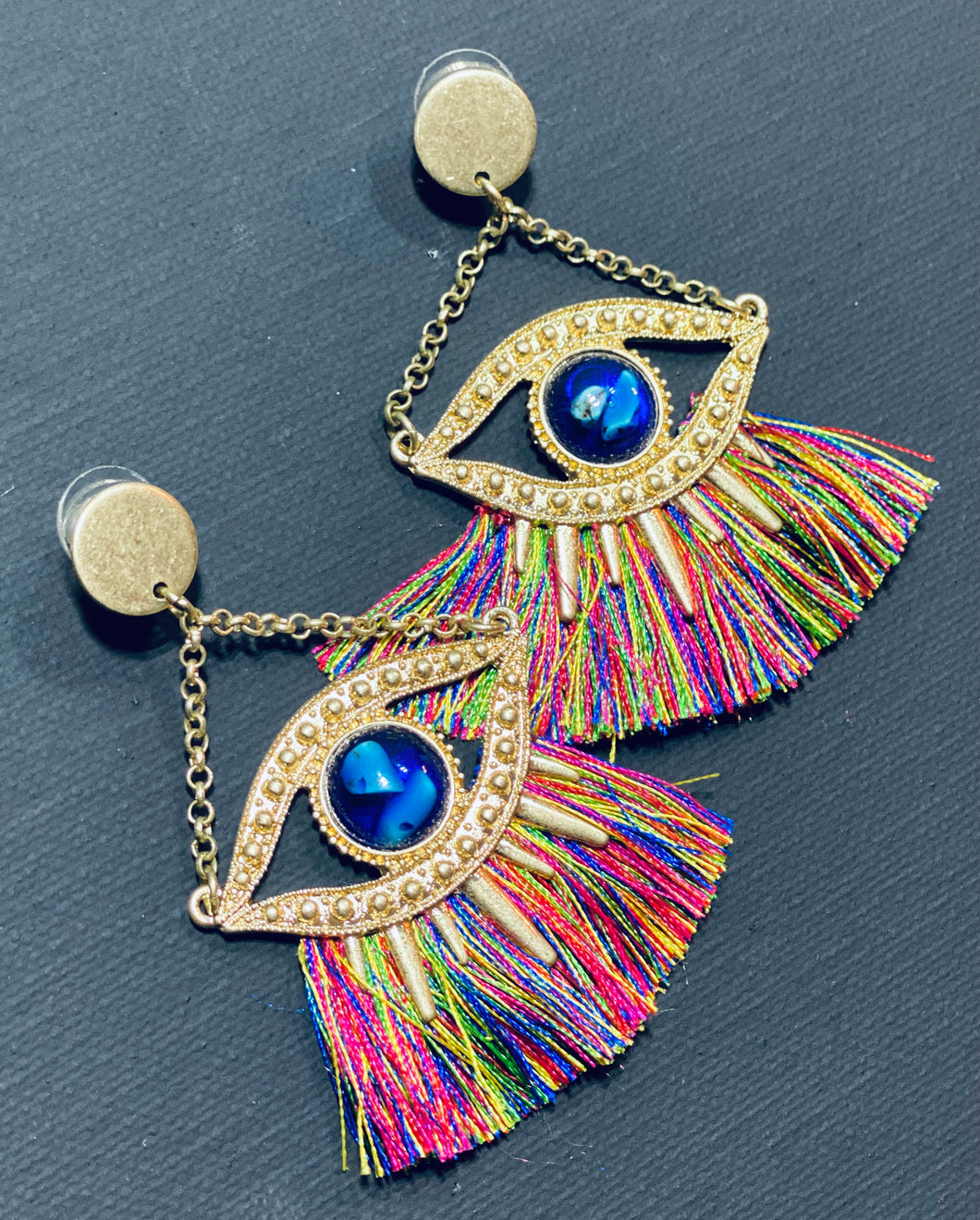 Evil Eye Dangle Earrings with Rainbow Fringe